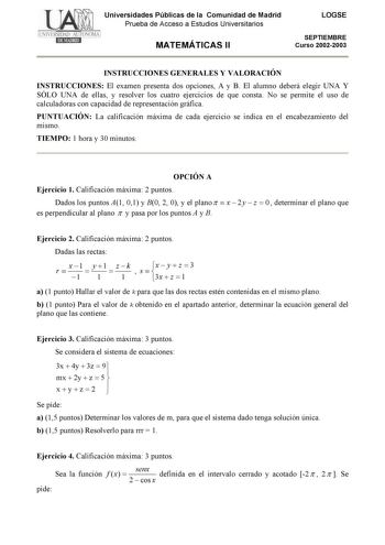 Examen de Matemáticas II (selectividad de 2003)