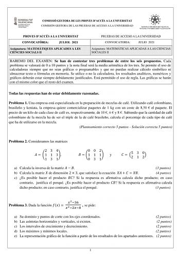 Examen de Matemáticas Aplicadas a las Ciencias Sociales (PAU de 2021)