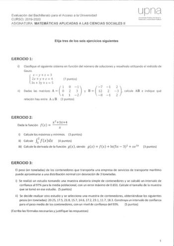 Examen de Matemáticas Aplicadas a las Ciencias Sociales (EvAU de 2020)