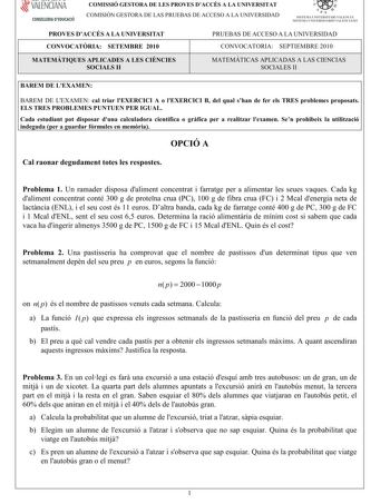 Examen de Matemáticas Aplicadas a las Ciencias Sociales (PAU de 2010)