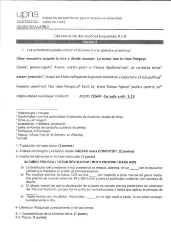 Examen de Latín II (EvAU de 2018)