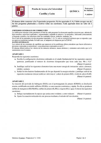Química – EBAU Castilla y León (2026)