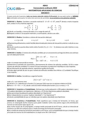 Examen de Matemáticas Aplicadas a las Ciencias Sociales (ABAU de 2024)