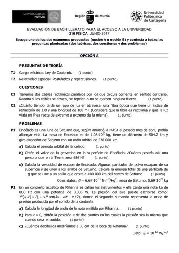 EVALUACIÓN DE BACHILLERATO PARA EL ACCESO A LA UNIVERSIDAD 216 FÍSICA JUNIO 2017 Escoge uno de los dos exámenes propuestos opción A u opción B y contesta a todas las preguntas planteadas dos teóricas dos cuestiones y dos problemas OPCIÓN A PREGUNTAS DE TEORÍA T1 Carga eléctrica Ley de Coulomb 1 punto T2 Relatividad especial Postulados y repercusiones 1 punto CUESTIONES C1 Tenemos dos cables rectilíneos paralelos por los que circula corriente en sentido contrario Razona si los cables se atraen s…