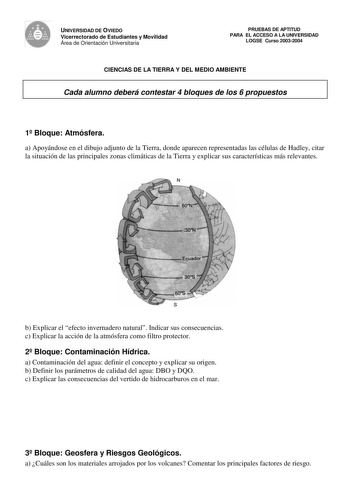 Examen de Ciencias de la Tierra y Medioambientales (selectividad de 2004)