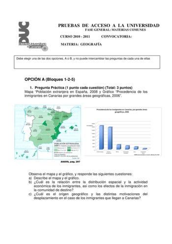 PRUEBAS DE ACCESO A LA UNIVERSIDAD FASE GENERAL MATERIAS COMUNES CURSO 2010  2011 CONVOCATORIA MATERIA GEOGRAFÍA Debe elegir una de las dos opciones A o B y no puede intercambiar las preguntas de cada una de ellas OPCIÓN A Bloques 125 1 Pregunta Práctica 1 punto cada cuestión Total 3 puntos Mapa Población extranjera en España 2008 y Gráfico Procedencia de los inmigrantes en Canarias por grandes áreas geográficas 2006 t 95122 f 604  3 33098 40 Procedencia de los inmigrantes en Canarias por grand…