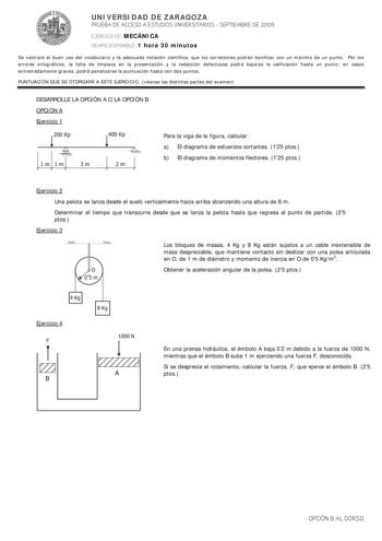 Examen de Mecánica (selectividad de 2009)