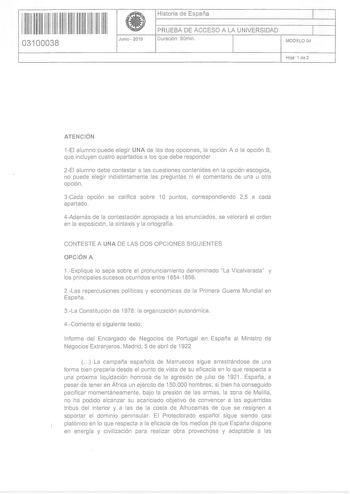 Examen de Historia de España (PAU de 2016)