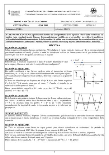 COMISSIÓ GESTORA DE LES PROVES DACCÉS A LA UNIVERSITAT COMISIÓN GESTORA DE LAS PRUEBAS DE ACCESO A LA UNIVERSIDAD PROVES DACCÉS A LA UNIVERSITAT CONVOCATRIA JUNY 2019 Assignatura FÍSICA PRUEBAS DE ACCESO A LA UNIVERSIDAD CONVOCATORIA JUNIO 2019 Asignatura FÍSICA BAREMO DEL EXAMEN La puntuación máxima de cada problema es de 2 puntos y la de cada cuestión de 15 puntos Cada estudiante podrá disponer de una calculadora científica no programable y no gráfica Se prohíbe su utilización indebida almace…