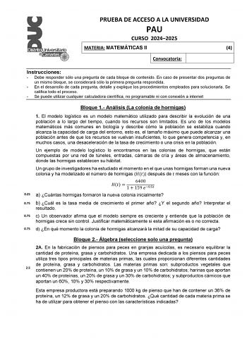 Examen de Matemáticas II (EBAU de 2025)