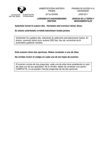 Examen de Ciencias de la Tierra y Medioambientales (PAU de 2011)