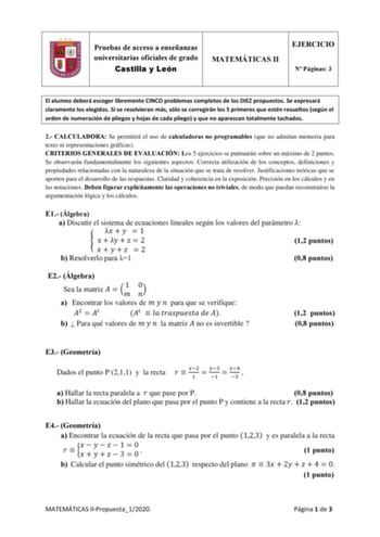 Pruebas de acceso a enseñanzas universitarias oficiales de grado Castilla y León MATEMÁTICAS II EJERCICIO N Páginas 3 El alumno deberá escoger libremente CINCO problemas completos de los DIEZ propuestos Se expresará claramente los elegidos Si se resolvieran más sólo se corregirán los 5 primeros que estén resueltos según el orden de numeración de pliegos y hojas de cada pliego y que no aparezcan totalmente tachados 2 CALCULADORA Se permitirá el uso de calculadoras no programables que no admitan …