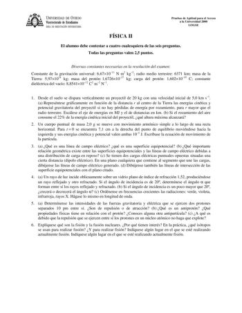 UNIVERSIDAD DE VIEDO Vicerrectorado de Estudiantes ÁREA DE ORIENTACIÓN UNIVERSITARIA Pruebas de Aptitud para el Acceso a la Universidad 2000 LOGSE FÍSICA II El alumno debe contestar a cuatro cualesquiera de las seis preguntas Todas las preguntas valen 25 puntos Diversas constantes necesarias en la resolución del examen Constante de la gravitación universal 6671011 N m2 kg2 radio medio terrestre 6371 km masa de la Tierra 5971024 kg masa del protón 167261027 kg carga del protón 16021019 C constan…