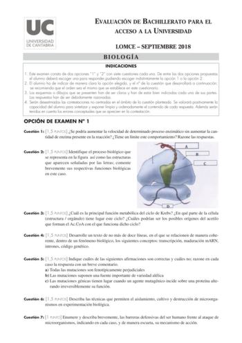 EVALUACIÓN DE BACHILLERATO PARA EL ACCESO A LA UNIVERSIDAD LOMCE  SEPTIEMBRE 2018 BIOLOGÍA INDICACIONES 1 Este examen consta de dos opciones 1 y 2 con siete cuestiones cada una De entre las dos opciones propuestas el alumno deberá escoger una para responderpudiendo escoger indistintamente la opción 1 o la opción 2 2 El alumno ha de indicar de manera clara la opción elegida y el n de la cuestión que desarrollará a continuación se recomienda que el orden sea el mismo que se establece en este cues…