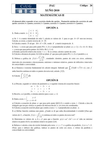 Examen de Matemáticas II (PAU de 2010)