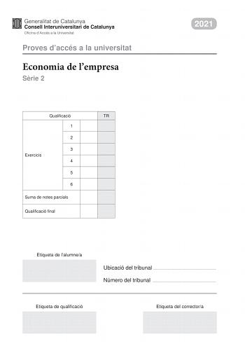 Proves daccés a la universitat Economia de lempresa Srie 2 Qualificació TR 1 2 3 Exercicis 4 5 6 Suma de notes parcials Qualificació final 2021 Etiqueta de lalumnea Ubicació del tribunal  Número del tribunal  Etiqueta de qualificació Etiqueta del correctora Responeu a QUATRE dels sis exercicis segents Cada exercici val 25 punts En el cas que respongueu a més exercicis només es valoraran els quatre primers Exercici 1 Lempresa Aventura SL presenta a 31 de desembre de 2020 una llista amb les dades…