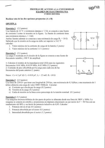 Examen de Electrotecnia (PAU de 2016)