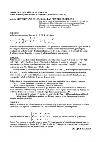 Examen de Matemáticas Aplicadas a las Ciencias Sociales (selectividad de 2001)