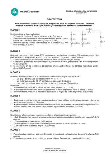 UNIVERSIDAD DE OVIEDO PRUEBAS DE ACCESO A LA UNIVERSIDAD Curso 20062007 ELECTROTECNIA El alumno deberá contestar 4 bloques elegidos de entre los 6 que se proponen Todos los bloques puntúan lo mismo 25 puntos y su contestación deberá ser siempre razonada BLOQUE 1 En el circuito de la figura calcúlese 20 1 1 El circuito equivalente Thevenin visto desde A y B 1 punto 2 Potencia activa suministrada a la carga de 44j  que se conecta entre A y B como se muestra en la figura 075 puntos 3 Potencias act…