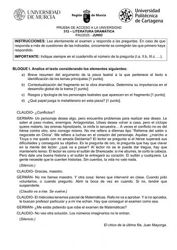 Examen de Literatura Dramática (EBAU de 2025)