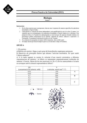 UIB M Prova daccés a la Universitat 2011 Biologia Model 3 Instruccions 1 De les dues opcions que us proposam triaune una i responeu de manera específica les qestions formulades a lopció triada 2 Cada qestió es valorar de forma independent i ser qualificada de zero 0 a dos 2 punts Les respostes que no corresponguin a les qestions formulades a lopció triada no es valoraran Una proporció fins a 025 punts de cada pregunta es reservar per als aspectes formals relatius a la presentació global estruct…