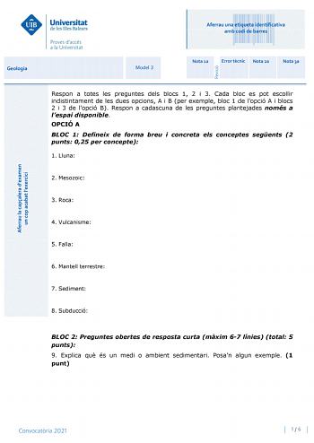 Examen de Geología y Ciencias Ambientales (PBAU de 2021)