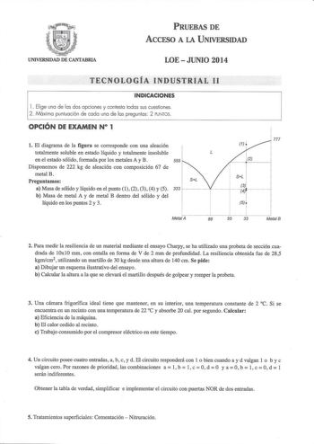 PRUEBAS DE ACCESO A LA UNIVERSIDAD UNIVERSIDAD DE CANTABRIA LOE  JUNIO 2014 TECNOLOGÍA INDUSTRIAL 11 INDICACIONES l Elige una de las dos opciones y contesta todas sus cuestiones 2 Máxima puntuación de cada una de las preguntas 2 PUNTOS OPCIÓN DE EXAMEN N 1 l El diagrama de la figura se corresponde con una aleación totalmente soluble en estado líquido y totalmente insoluble en el estado sólido formada por los metales Ay B Disponemos de 222 kg de aleación con composición 67 de metal B Preguntamos…