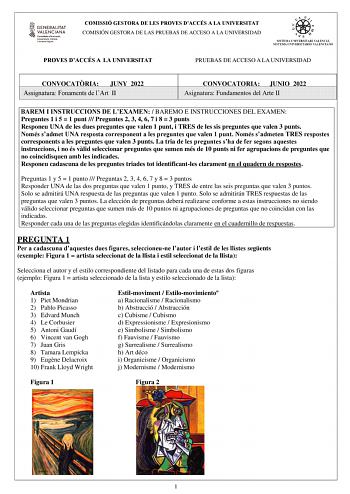 COMISSIÓ GESTORA DE LES PROVES DACCÉS A LA UNIVERSITAT COMISIÓN GESTORA DE LAS PRUEBAS DE ACCESO A LA UNIVERSIDAD PROVES DACCÉS A LA UNIVERSITAT PRUEBAS DE ACCESO A LA UNIVERSIDAD CONVOCATRIA JUNY 2022 Assignatura Fonaments de lArt II CONVOCATORIA JUNIO 2022 Asignatura Fundamentos del Arte II BAREM I INSTRUCCIONS DE LEXAMEN  BAREMO E INSTRUCCIONES DEL EXAMEN Preguntes 1 i 5  1 punt  Preguntes 2 3 4 6 7 i 8  3 punts Responeu UNA de les dues preguntes que valen 1 punt i TRES de les sis preguntes …