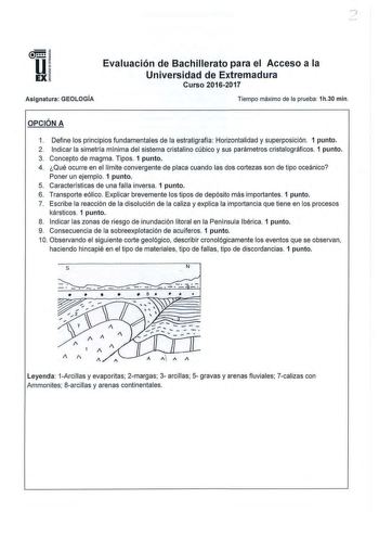 u EX Evaluación de Bachillerato para el Acceso a la Universidad de Extremadura Curso 20162017 Asignatura GEOLOGÍA Tiempo máximo de la prueba 1h30 min  OPCIÓN A 1 Define los principios fundamentales de la estratigrafía Horizontalidad y superposición 1 punto 2 Indicar la simetría mínima del sistema cristalino cúbico y sus parámetros cristalográficos 1 punto 3 Concepto de magma Tipos 1 punto 4 Qué ocurre en el límite convergente de placa cuando las dos cortezas son de tipo oceánico Poner un ejempl…