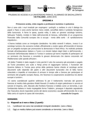 Examen de Italiano (PAU de 2016)