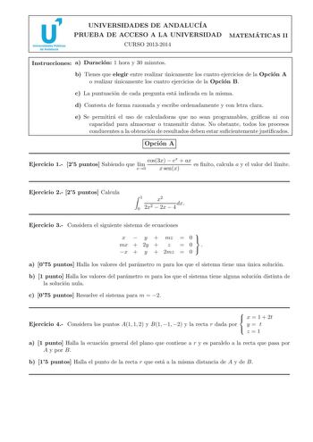 Examen de Matemáticas II (PAU de 2014)