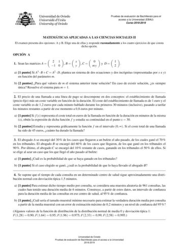 Examen de Matemáticas Aplicadas a las Ciencias Sociales (EBAU de 2019)