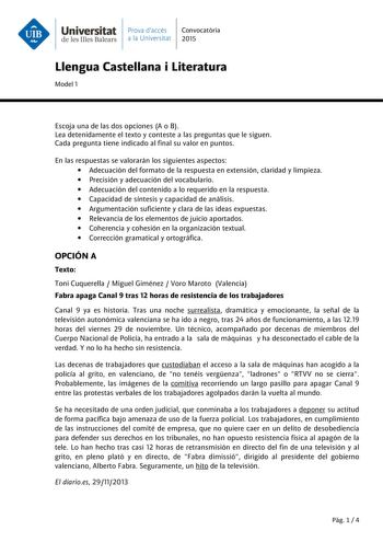 Examen de Lengua Castellana y Literatura (PAU de 2015)