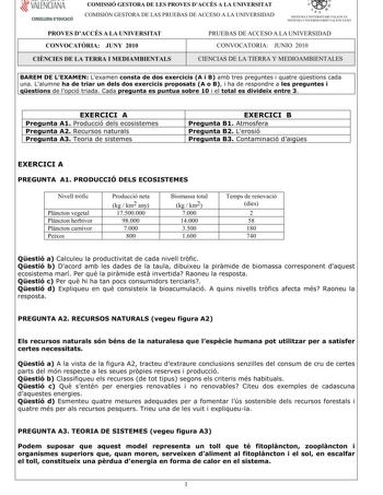 Examen de Ciencias de la Tierra y Medioambientales (PAU de 2010)