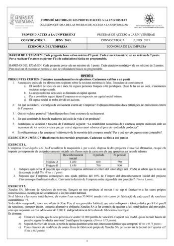 GENERALITAT VALENCIANA CONSELLIRIA OEDUCACIÓ CULTURA 1 SPORT COMISSIÓ GESTORA DE LES PROVES DACCÉS A LA UNIVERSITAT COMISIÓN GESTORA DE LAS PRUEBAS DE ACCESO A LA UNIVERSIDAD   n   S IST EMA UNIVERS ITA RI VAL ENCIÁ SIST EMA UN IVERSITARIO VAL ENCIANO PROVES DACCÉS A LA UNIVERSITAT CONVOCATRIA JUNY 2013 ECONOMIA DE LEMPRESA PRUEBAS DE ACCESO A LA UNIVERSIDAD CONVOCATORIA JUNIO 2013 ECONOMÍA DE LA EMPRESA BAREM DE LEXAMEN Cada pregunta breu val un mxim d1 punt Cada exercici numric val un mxim de…