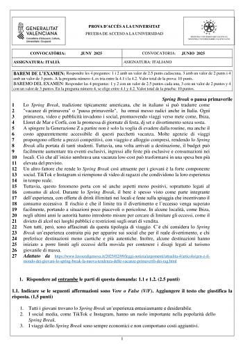 Examen de Italiano (PAU de 2025)