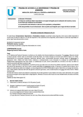 Examen de Italiano (PEvAU de 2025)
