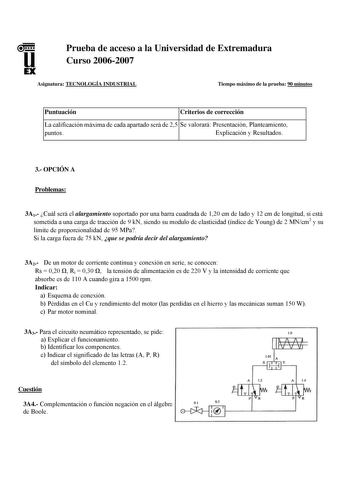 u EX Prueba de acceso a la Universidad de Extremadura Curso 20062007 Asignatura TECNOLOGÍA INDUSTRIAL Tiempo máximo de la prueba 90 minutos Puntuación Criterios de corrección La calificación máxima de cada apartado será de 25 Se valorará Presentación Planteamiento puntos Explicación y Resultados 3 OPCIÓN A Problemas 3A1 Cuál será el alargamiento soportado por una barra cuadrada de 120 cm de lado y 12 cm de longitud si está sometida a una carga de tracción de 9 kN siendo su modulo de elasticidad…