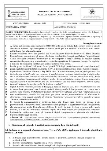 Examen de Italiano (PAU de 2025)