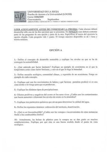 Examen de Ciencias de la Tierra y Medioambientales (selectividad de 2009)