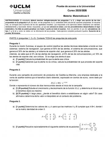 Matemáticas II – EvAU Castilla-La Mancha (2026)