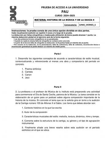 Examen de Historia de la Música y de la Danza (EBAU de 2025)
