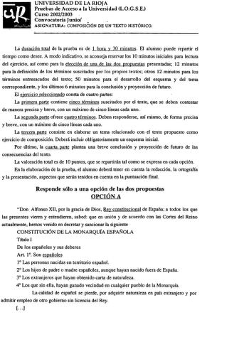 Examen de Historia de España (selectividad de 2003)