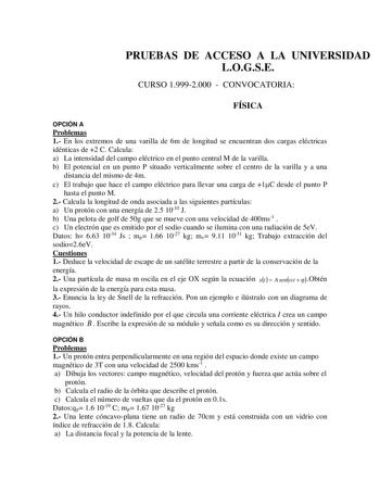 PRUEBAS DE ACCESO A LA UNIVERSIDAD LOGSE CURSO 19992000  CONVOCATORIA FÍSICA OPCIÓN A Problemas 1 En los extremos de una varilla de 6m de longitud se encuentran dos cargas eléctricas idénticas de 2 C Calcula a La intensidad del campo eléctrico en el punto central M de la varilla b El potencial en un punto P situado verticalmente sobre el centro de la varilla y a una distancia del mismo de 4m c El trabajo que hace el campo eléctrico para llevar una carga de 1C desde el punto P hasta el punto M 2…