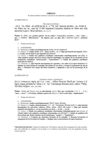 GRIEGO El alumno deberá contestar a una de las dos alternativas propuestas ALTERNATIVA I Descripción de Rodas H d tn Rodwn plij ketai m n p to wqino krwthrou limsi d ka doj ka tecesi ka tÍ llV kataskeuÍ tosoton diafrei tn llwn ést ok comen epen tran prison Str 1425 Notas tn Rodwn genitivo plural de los rodios Consecutiva tosoton  éste tanto  que diafrei diferenciarse de alguien gen en algo dat comen epen podemos decir 1 Traducción del texto 2 CUESTIONES 21 Morfología Analice morfológicamente li…