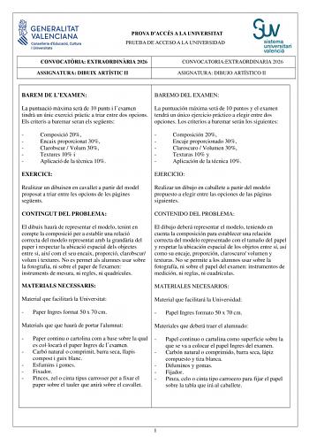 Dibujo Artístico II – PAU Comunidad Valenciana (2026)