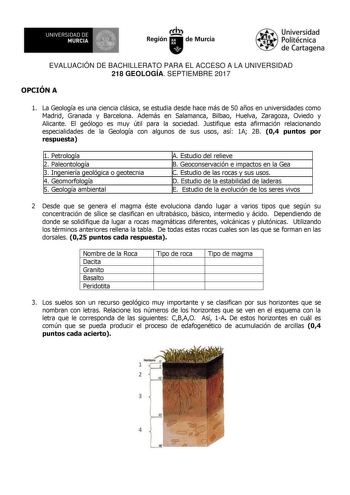 EVALUACIÓN DE BACHILLERATO PARA EL ACCESO A LA UNIVERSIDAD 218 GEOLOGÍA SEPTIEMBRE 2017 OPCIÓN A 1 La Geología es una ciencia clásica se estudia desde hace más de 50 años en universidades como Madrid Granada y Barcelona Además en Salamanca Bilbao Huelva Zaragoza Oviedo y Alicante El geólogo es muy útil para la sociedad Justifique esta afirmación relacionando especialidades de la Geología con algunos de sus usos así 1A 2B 04 puntos por respuesta 1 Petrología 2 Paleontología 3 Ingeniería geológic…