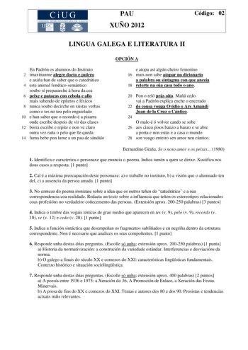 Examen de Lengua Gallega y Literatura (PAU de 2012)