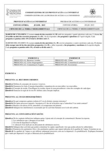 Examen de Ciencias de la Tierra y Medioambientales (PAU de 2015)