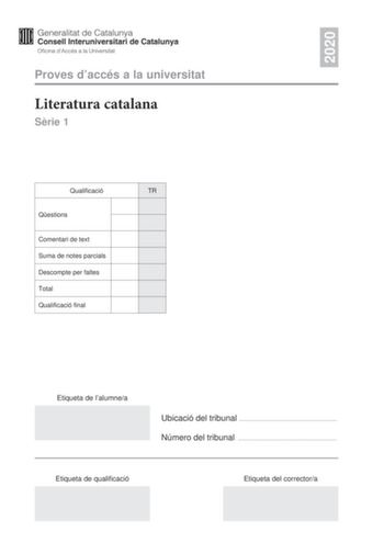 Examen de Literatura Catalana (PAU de 2020)